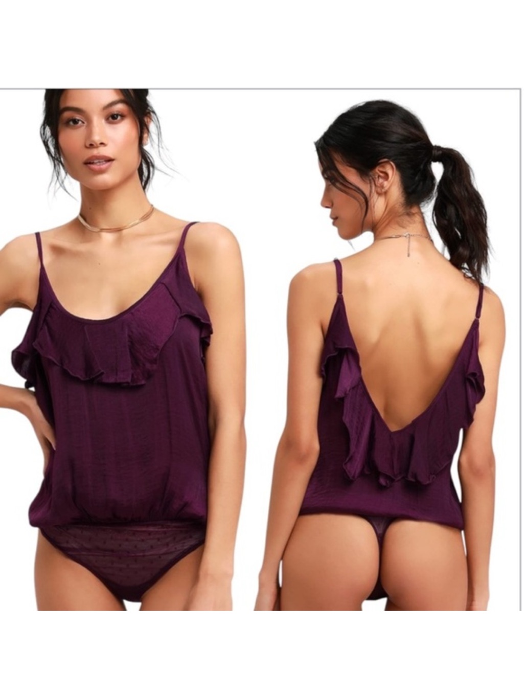 Free People Intimately Not Tired Bodysuit Small Plum Purple Ruffle Open Back